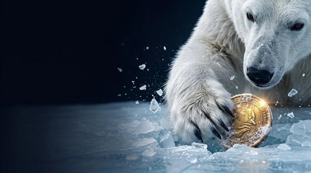 Oso polar sosteniendo una moneda de oro en la garra sobre el hielo